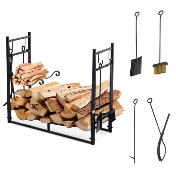 Outsunny Metal Firewood Log Holder  with 4 Tools - Black