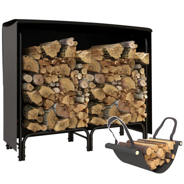 Outsunny 4FT Firewood Rack with Canvas Carrier Bag and 600D Oxford Waterproof Cover - Black